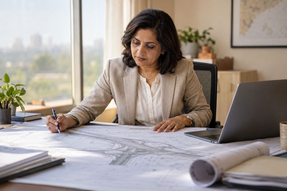 Woman consultant working on highway project drawings at her desk