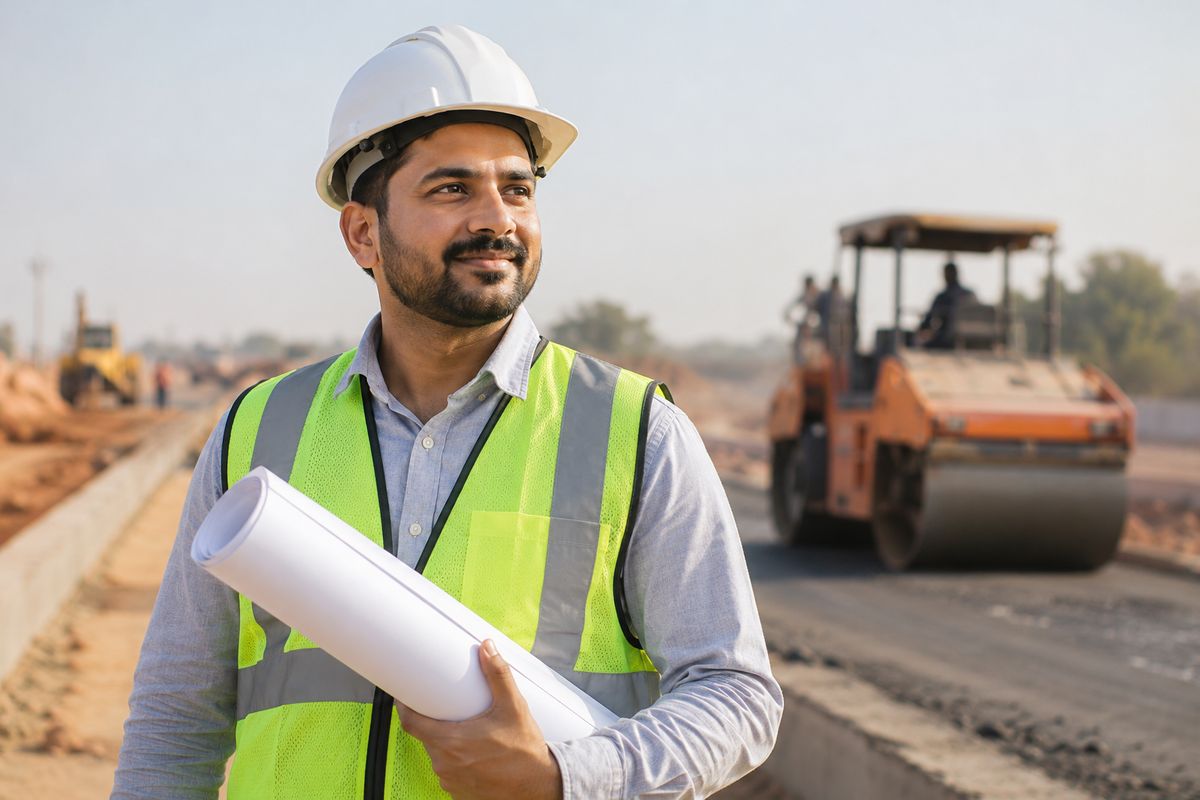 Site engineer at a road construction site