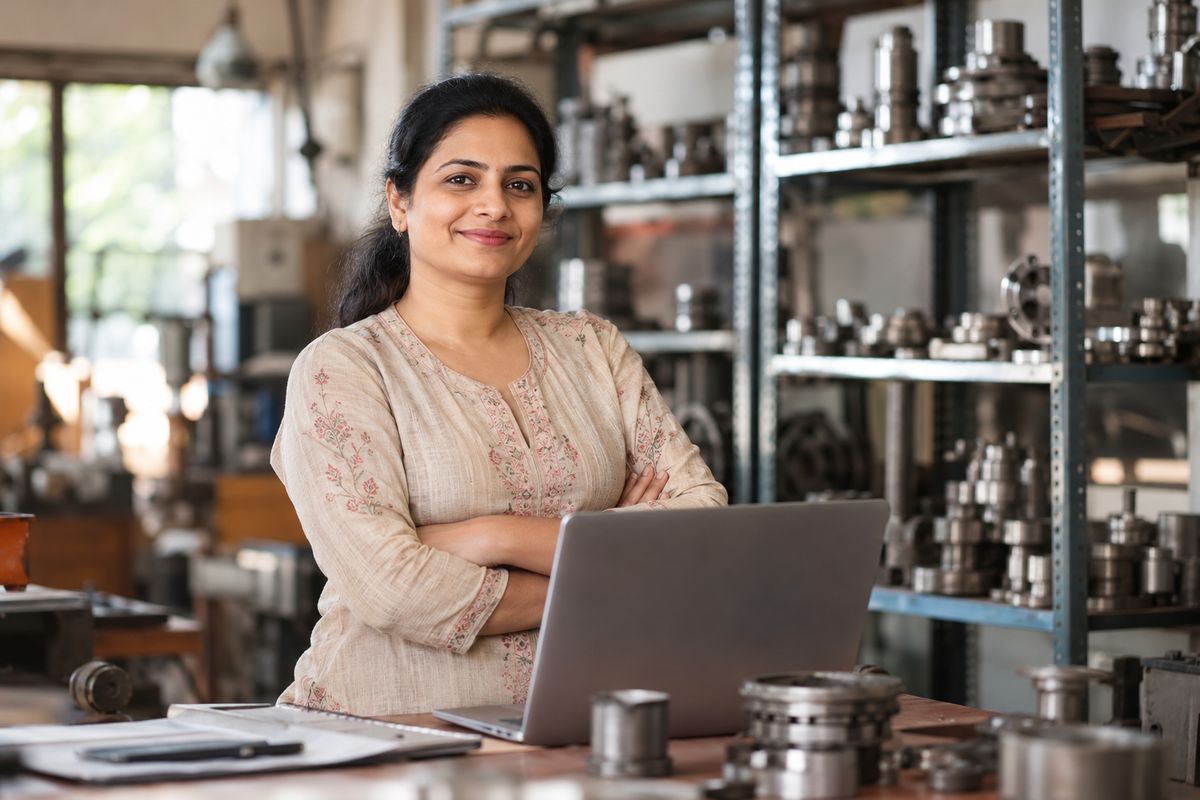 Woman who owns a small workshop, at her counter with a laptop