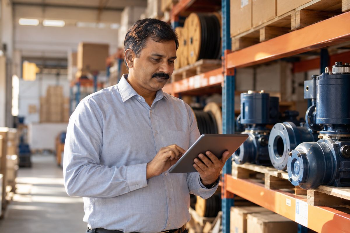 Supplier checking pump stock on a tablet in a warehouse